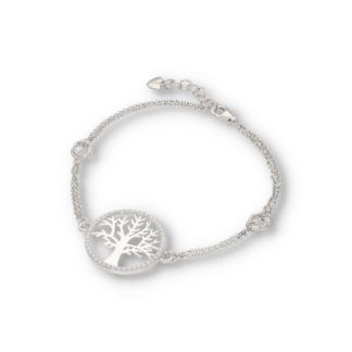 Armband Lebensbaum aus Silber mit Doppelankerkettenband und kreisrundem Lebensbaumanhänger welcher mit Zirkonia verziert ist