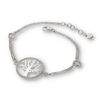 Armband - Doppelankerkettenarmband mit Zirkoniastein besetzten Lebensbaumanhänger aus Silber