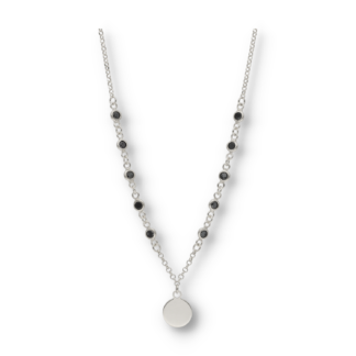 Halskette mit kreisrunden schwarzen Steinen und kreisrundem Anhänger