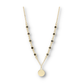 Vergoldete Halskette mit kreisrunden schwarzen Steinen und kreisrundem Anhänger