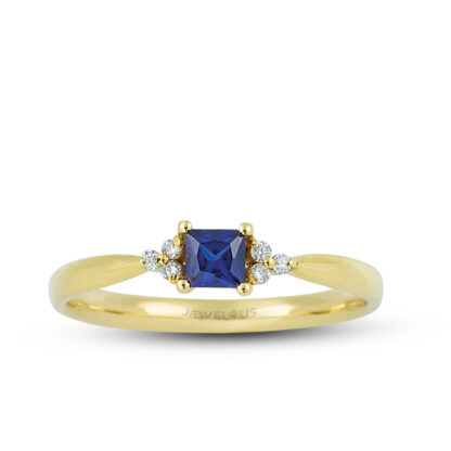 Saphir Ring aus 585er Gold mit sechs klare Diamanten.
