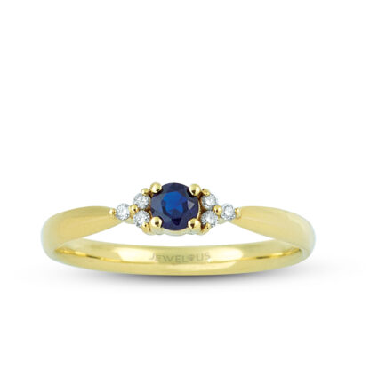 Saphir Ring aus 585er Gold mit sechs klare Diamanten.