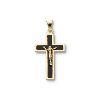Orthodoxer Kreuzanhänger mit Jesus Figur und Onyx im Hintergrund aus Silber