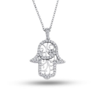 Kette mit Hamsa Hand aus 585er Weißgold besetzt mit Zirkoniasteinen